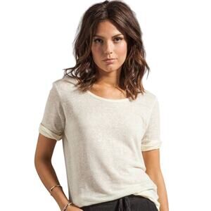 Anine Bing | Beige Tan 100% Linen Half Sleeve Boat Neck Curved Hem Casual Top